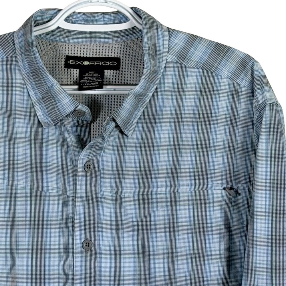 ExOfficio Hiking Shirt Vented Button Down Mens XXL Blue Plaid Roll Tab Sleeve